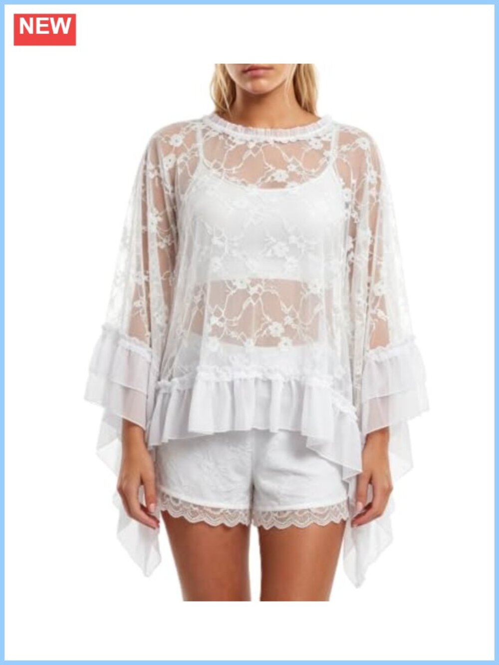 Women Sheer Lace Blouse Loose Fit Crew Neck Long Sleeve Beach Cover Up